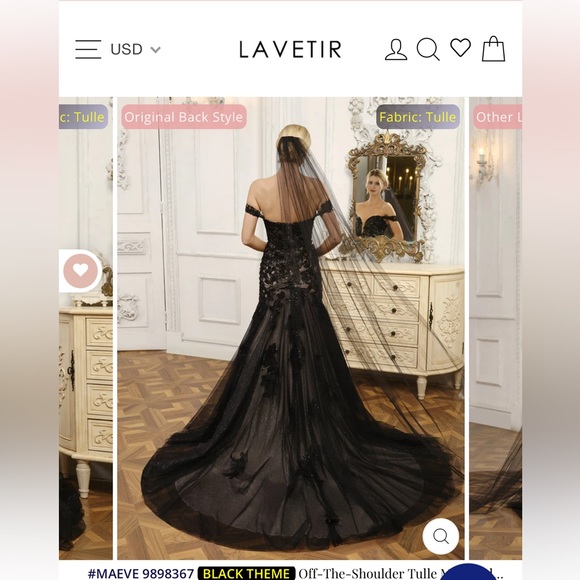 Off the shoulder black lace tulle prom dress gown - Picture 2 of 6